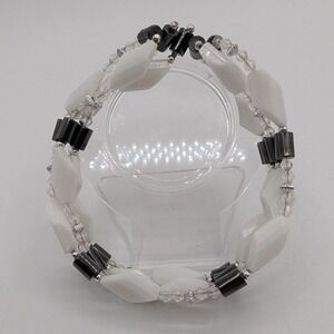 Magnetic Wrap Bracelet White Diamond Black Cylinder Beads Geometric Minimalist